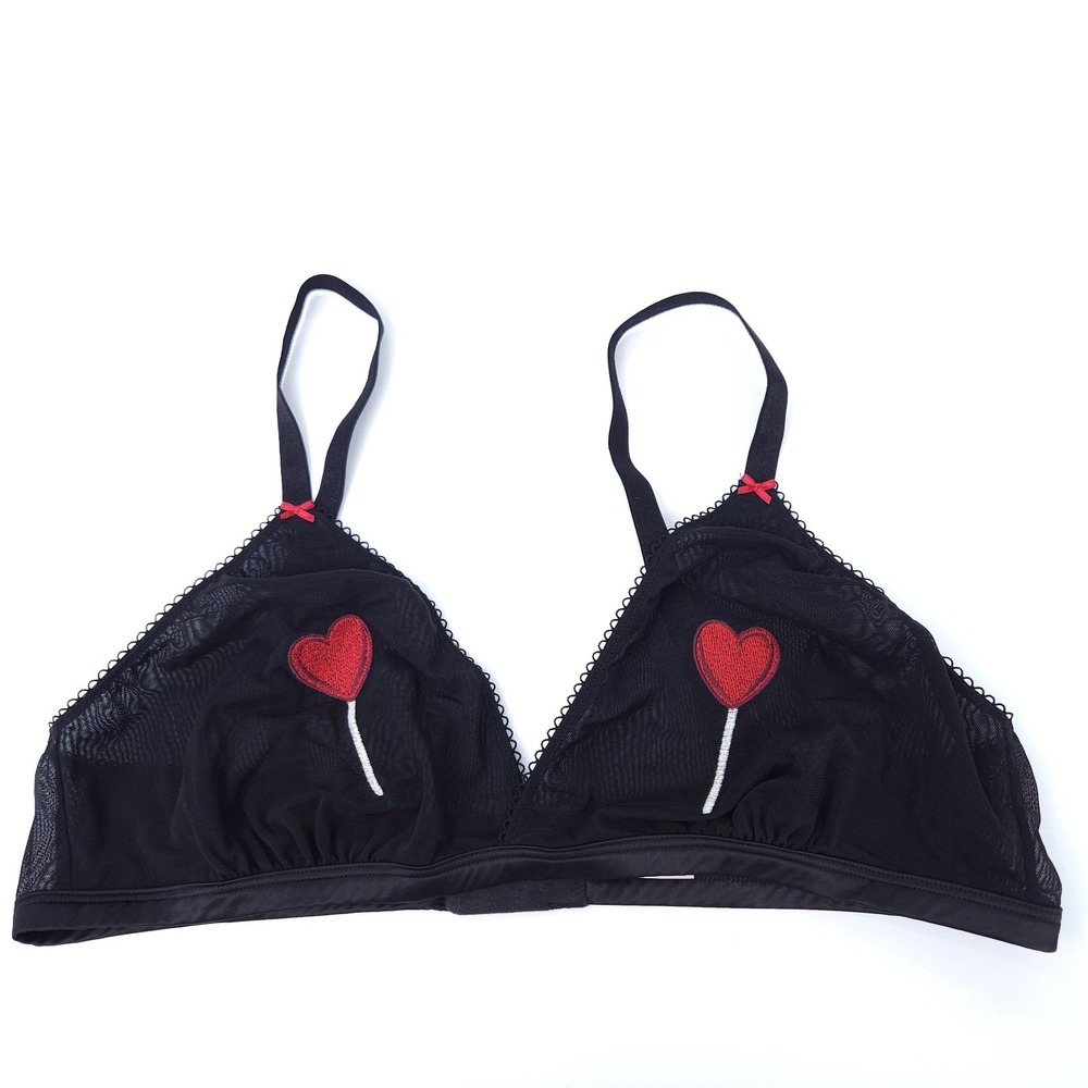 Tease by Victoria's Secret Bralette Black Mesh Embroidered Red Hearts XXL